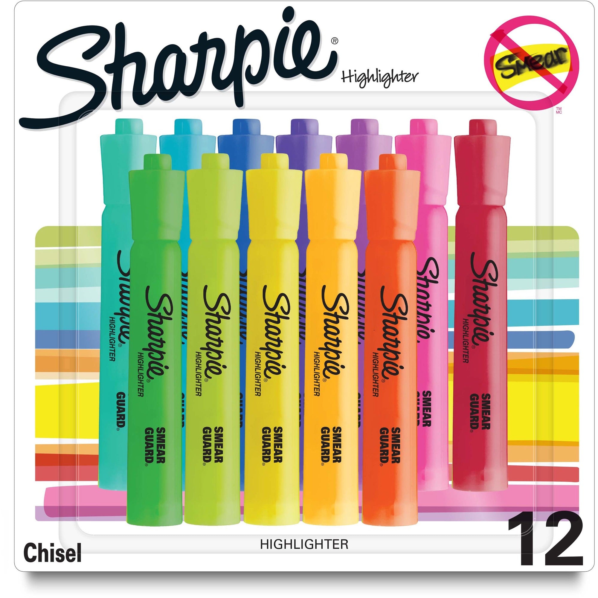 Sharpie SmearGuard Tank Style Highlighters - Wide Chisel, Narrow Narrow Marker Point - Assorted Ink - 12 / Pack