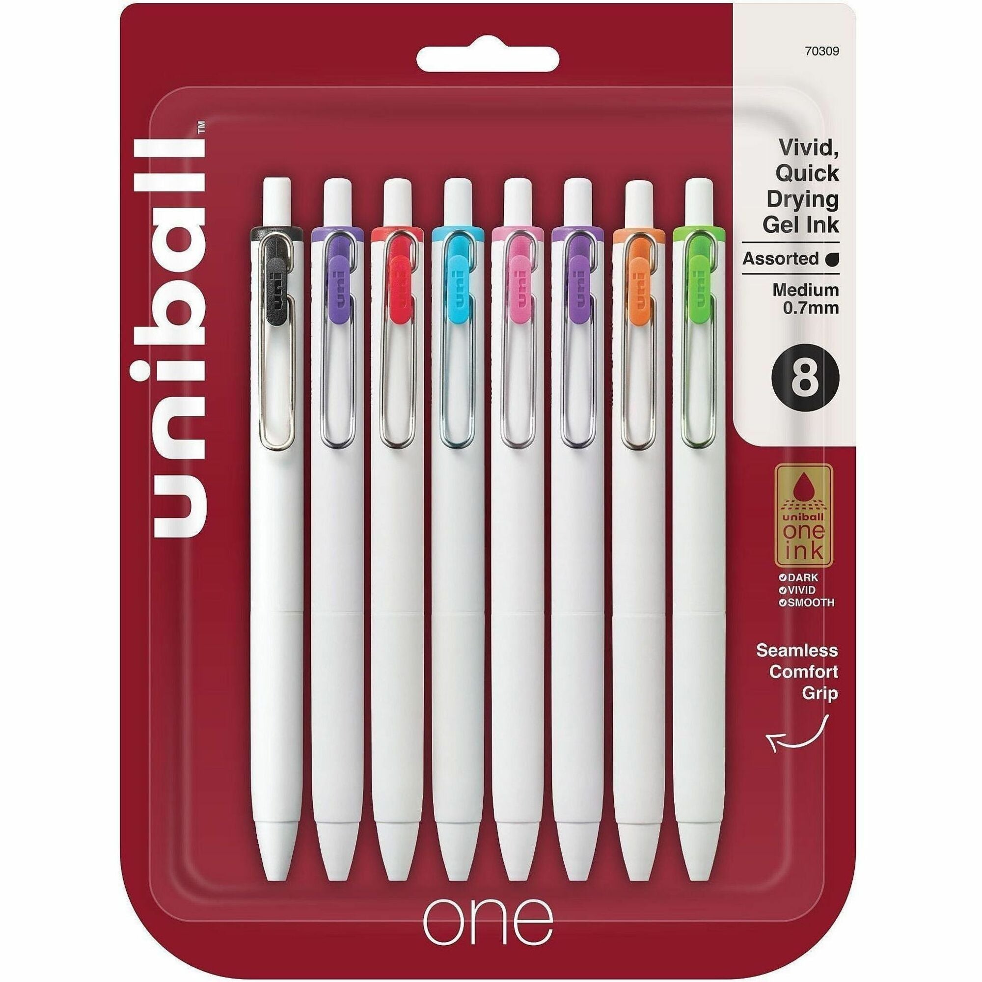 uniball&#8482; UB One Gel Pens - 0.7 mm Medium Pen Point - Retractable - Assorted Ink - Pigment-based, Gel-based - White Barrel - 8 / Pack