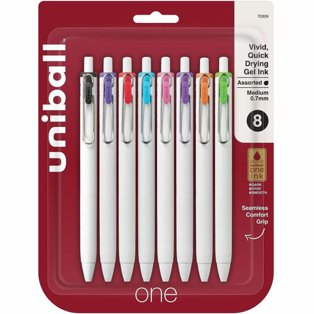 uniball&#8482; UB One Gel Pens - 0.7 mm Medium Pen Point - Retractable - Assorted Ink - Pigment-based, Gel-based - White Barrel - 8 / Pack