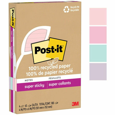 Post-it® Super Sticky Adhesive Note - 4" Flag/Note Width x 6" Flag/Note Length - Rectangle - 45 Sheets per Pad - Assorted Wanderlust Pastel - Repositionable - Recycled - 4 / Pack