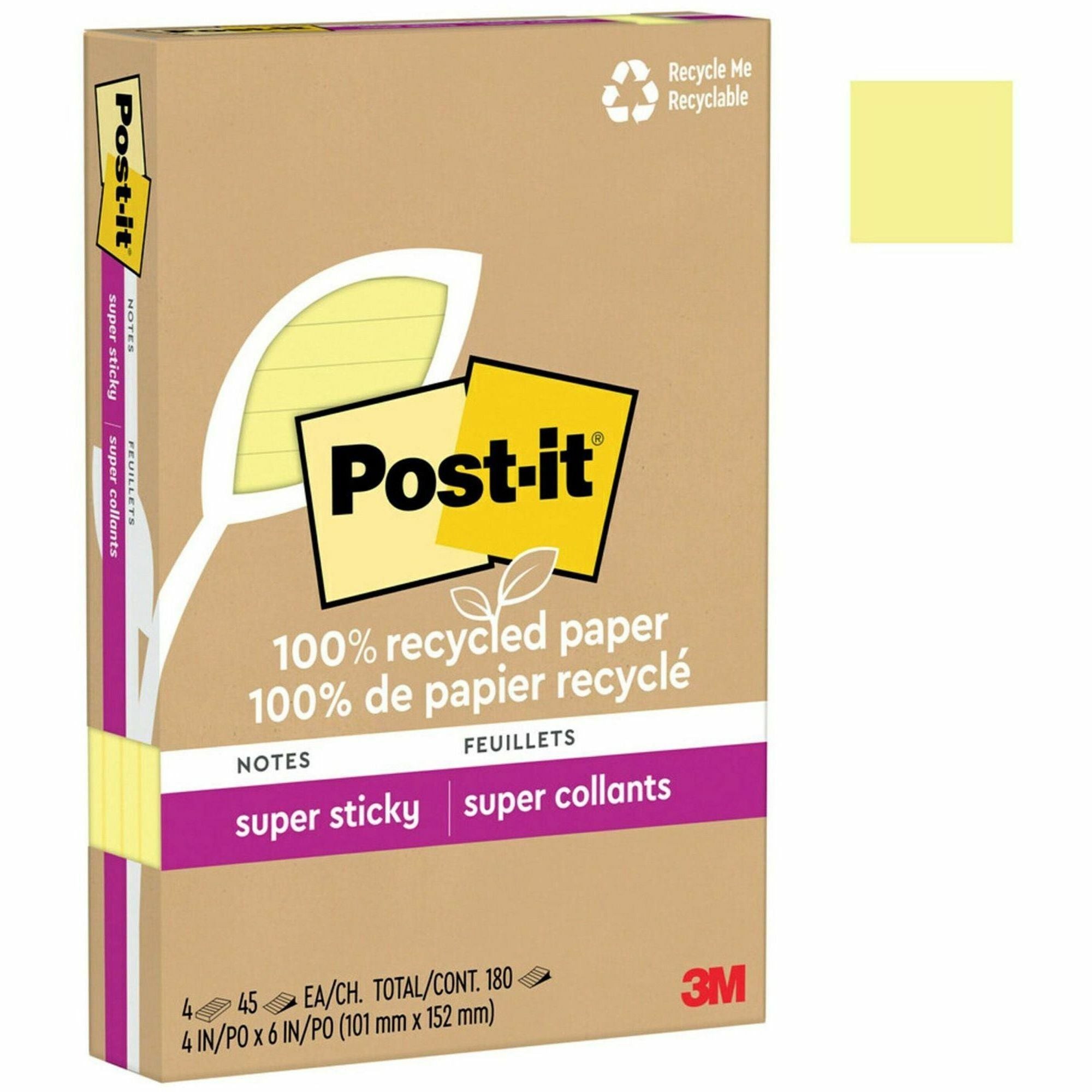 Post-it® Super Sticky Adhesive Note - 4" Flag/Note Width x 6" Flag/Note Length - Rectangle - 45 Sheets per Pad - Canary Yellow - Repositionable - Recycled - 4 / Pack