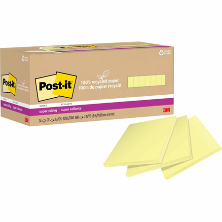 Post-it® Super Sticky Adhesive Note - 3" Flag/Note Width x 3" Flag/Note Length - Square - 70 Sheets per Pad - Canary Yellow - Repositionable - Recycled - 24 / Pack