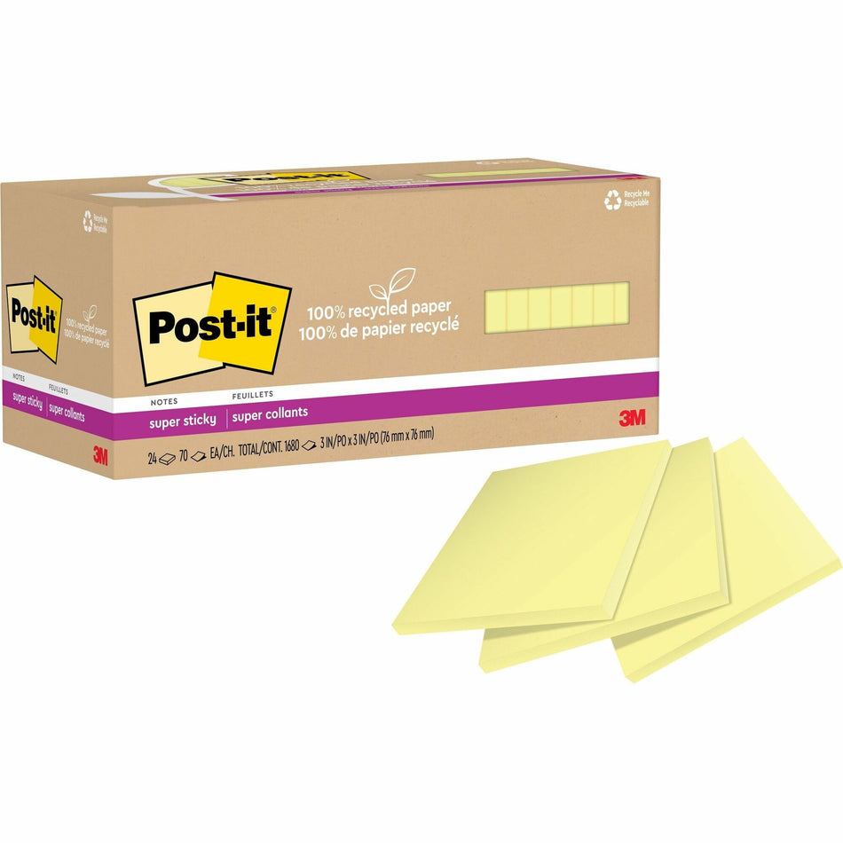 Post-it® Super Sticky Adhesive Note - 3" Flag/Note Width x 3" Flag/Note Length - Square - 70 Sheets per Pad - Canary Yellow - Repositionable - Recycled - 24 / Pack
