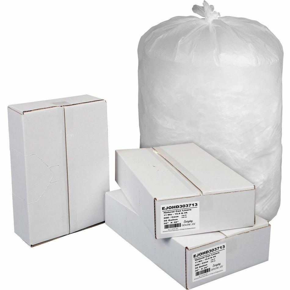 Everyday Genuine Joe High-Density Can Liners - 30 gal Capacity - 36" Length x 30" Width x 0.43 mil (11 Micron) Thickness - High Density - Natural - Resin - Office Waste, Receptacle - 500 / Carton