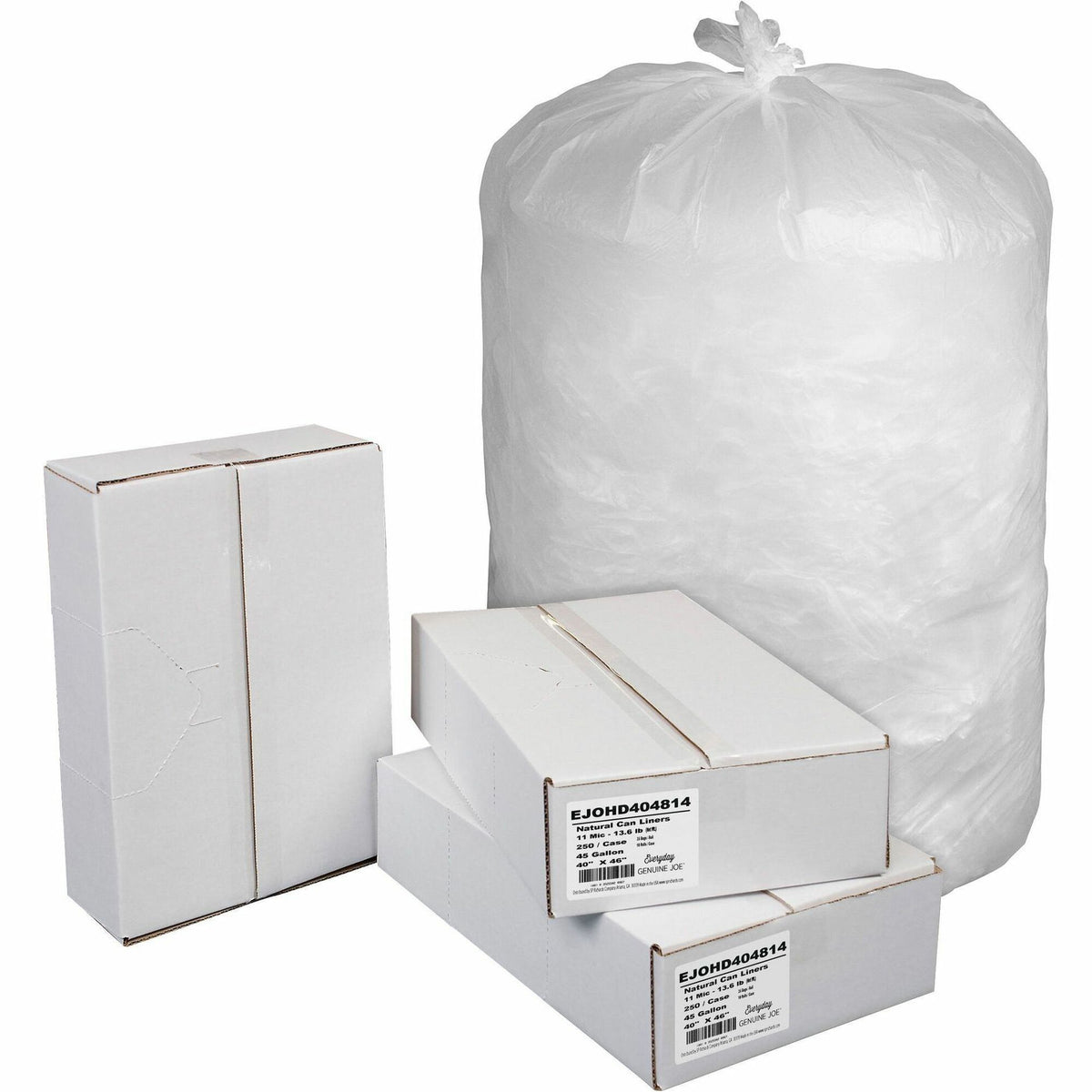 Genuine Joe High-Density Can Liners: 45 gal 46’’x40’’ 0.43 mil - Natural Resin - Office Waste - 250/Carton - Trash Bags