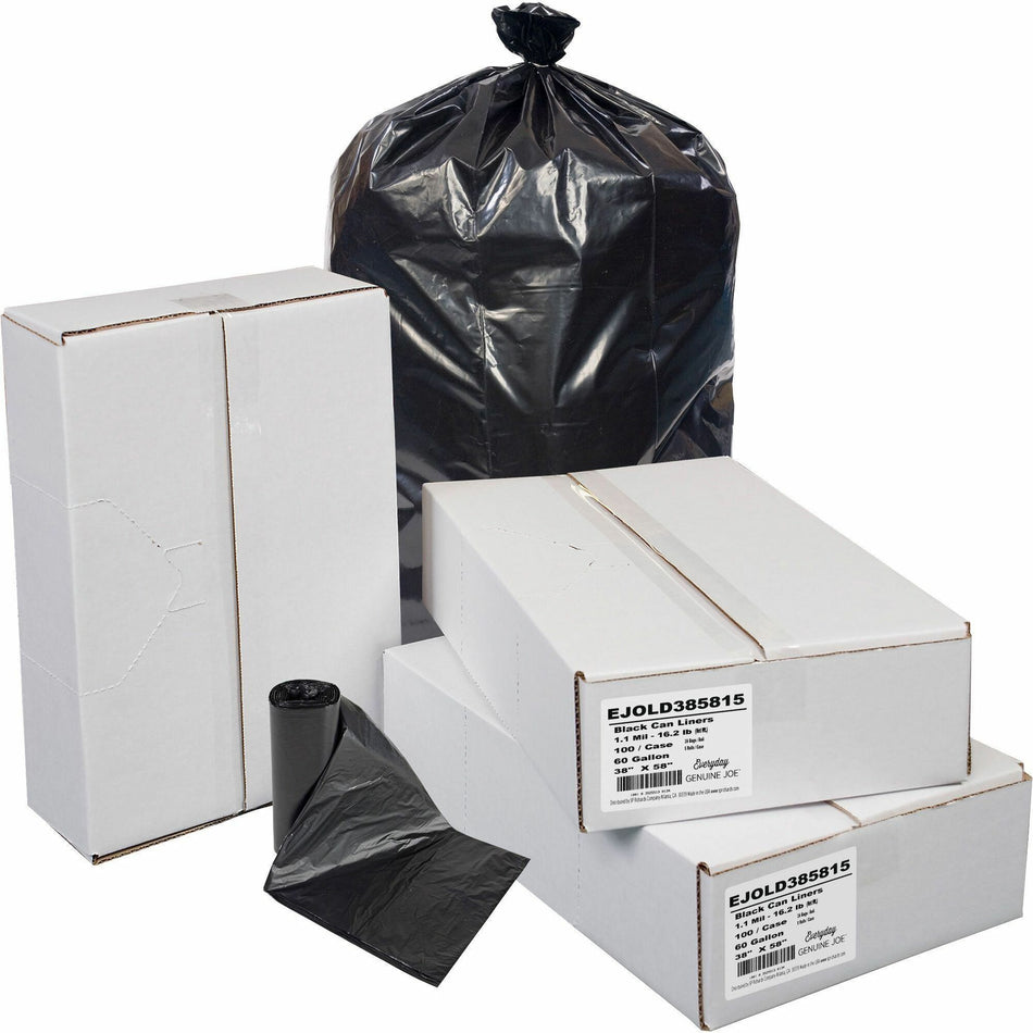 Everyday Genuine Joe Low-Density Can Liners - 60 gal Capacity - 58" Length x 38" Width x 1.10 mil (28 Micron) Thickness - Low Density - Black - Resin - Office Waste, Receptacle - Recycled - 100 / Carton