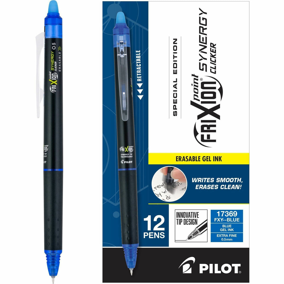 FriXion Synergy Clicker Erasable Gel Pen - 0.5 mm Extra Fine Pen Point - Retractable - Erasable - Blue Ink - 1 Dozen