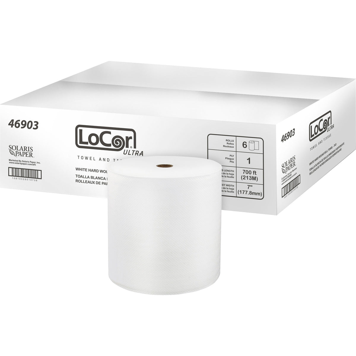 LoCor Paper Ultra Hard Wound Roll Towels - 1 Ply - 7" Width x 700 ft Length - Full Emboss Pattern - White - Virgin Fiber - 6 / Carton