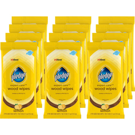 Pledge Lemon Enhancing Polish Wipes - Lemon Scent - 10" Length x 7" Width - Pre-moistened, Wax-free - Yellow - 24/Pack - 12 / Carton