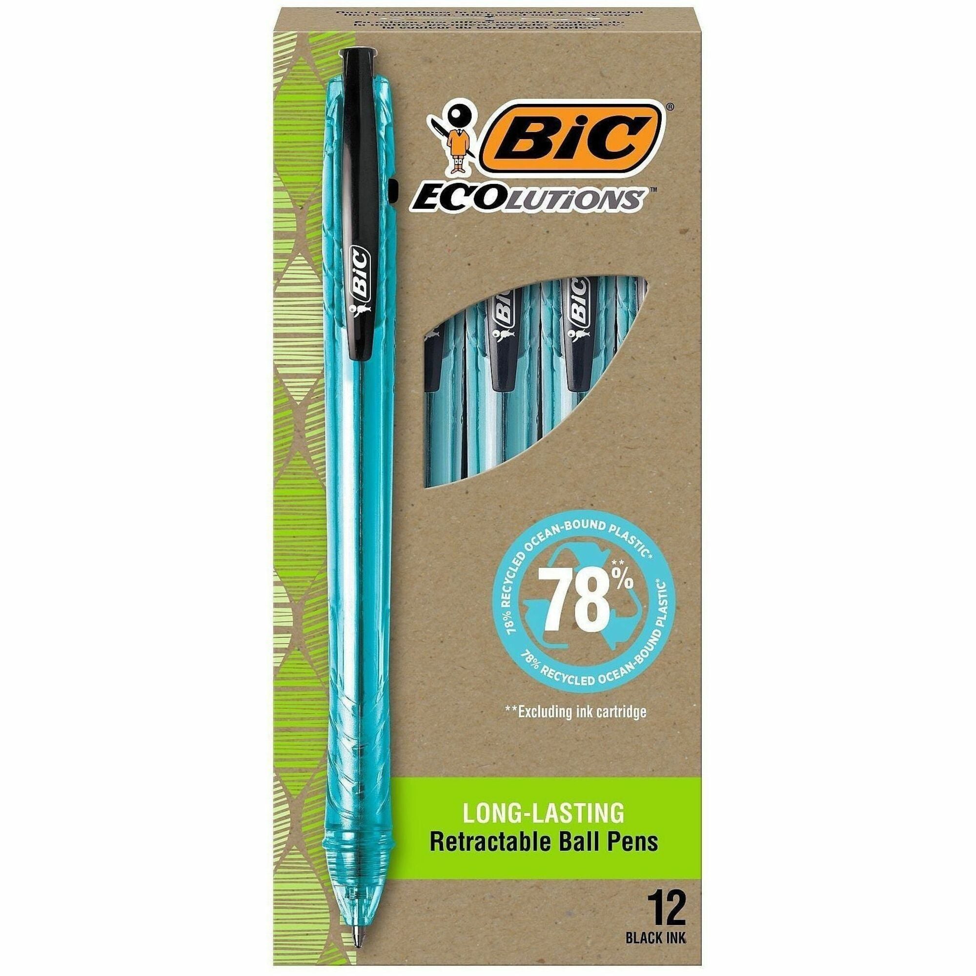 BIC Ecolutions Ballpoint Pen - 1 mm Medium Pen Point - Refillable - Retractable - Black Ink - Semi Clear Barrel - 1 Dozen