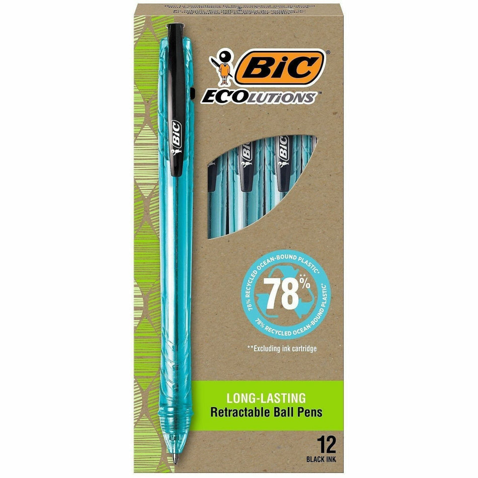 BIC Ecolutions Ballpoint Pen - 1 mm Medium Pen Point - Refillable - Retractable - Black Ink - Semi Clear Barrel - 1 Dozen