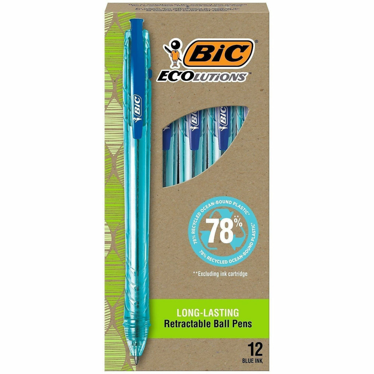 BIC Ecolutions Ballpoint Pen - 1 mm Medium Pen Point - Retractable - Blue Ink - Semi Clear Barrel - 1 Dozen