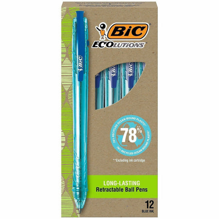 BIC Ecolutions Ballpoint Pen - 1 mm Medium Pen Point - Retractable - Blue Ink - Semi Clear Barrel - 1 Dozen