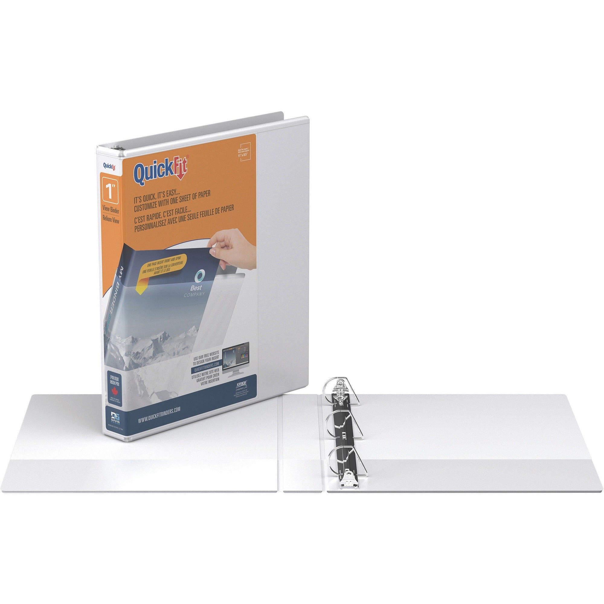 QuickFit D-Ring View Binders - 1" Binder Capacity - Letter - 8 1/2" x 11" Sheet Size - 225 Sheet Capacity - Fastener(s): D-Ring - Pocket(s): 2, Internal - Vinyl - White - Recycled - Print-transfer Resistant, PVC-free, Exposed Rivet - 1 Each