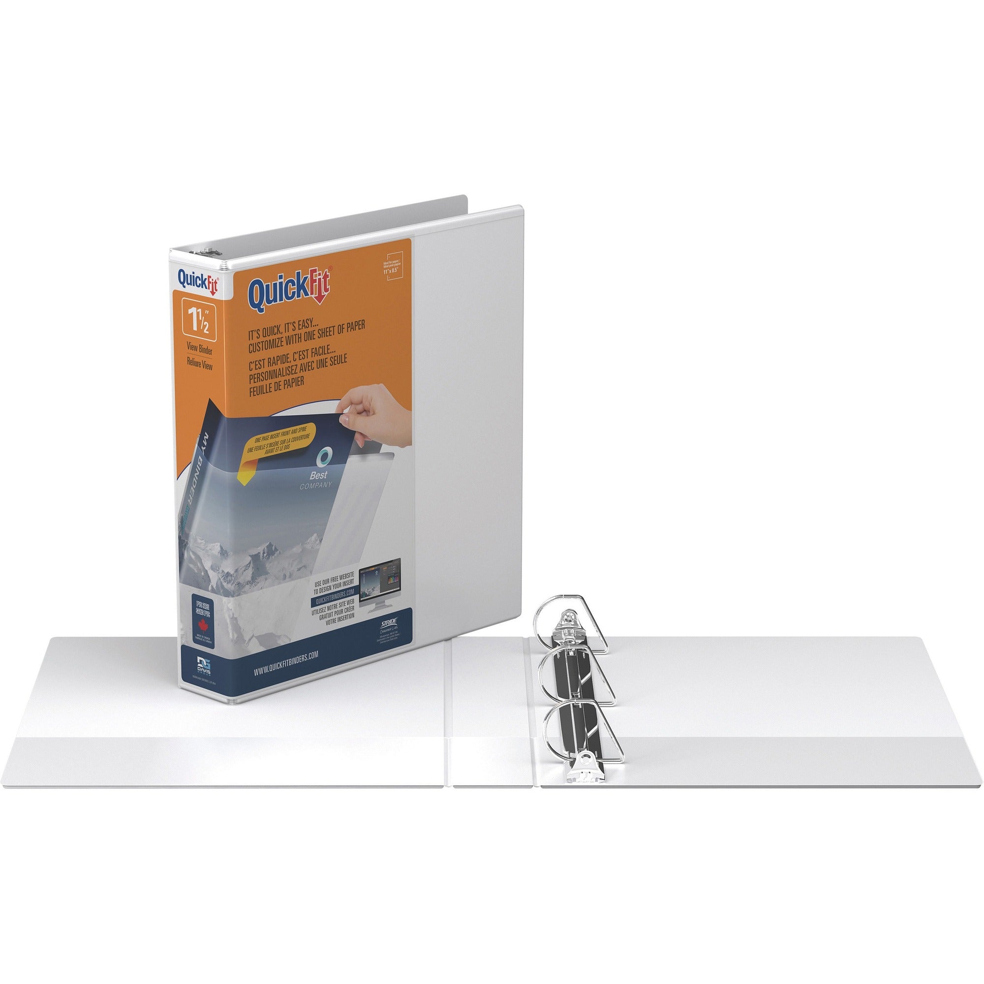QuickFit D-Ring View Binders - 1 1/2" Binder Capacity - Letter - 8 1/2" x 11" Sheet Size - 350 Sheet Capacity - Fastener(s): D-Ring - Pocket(s): 2, Internal - Vinyl - White - Recycled - Print-transfer Resistant, PVC-free, Exposed Rivet - 1 Each