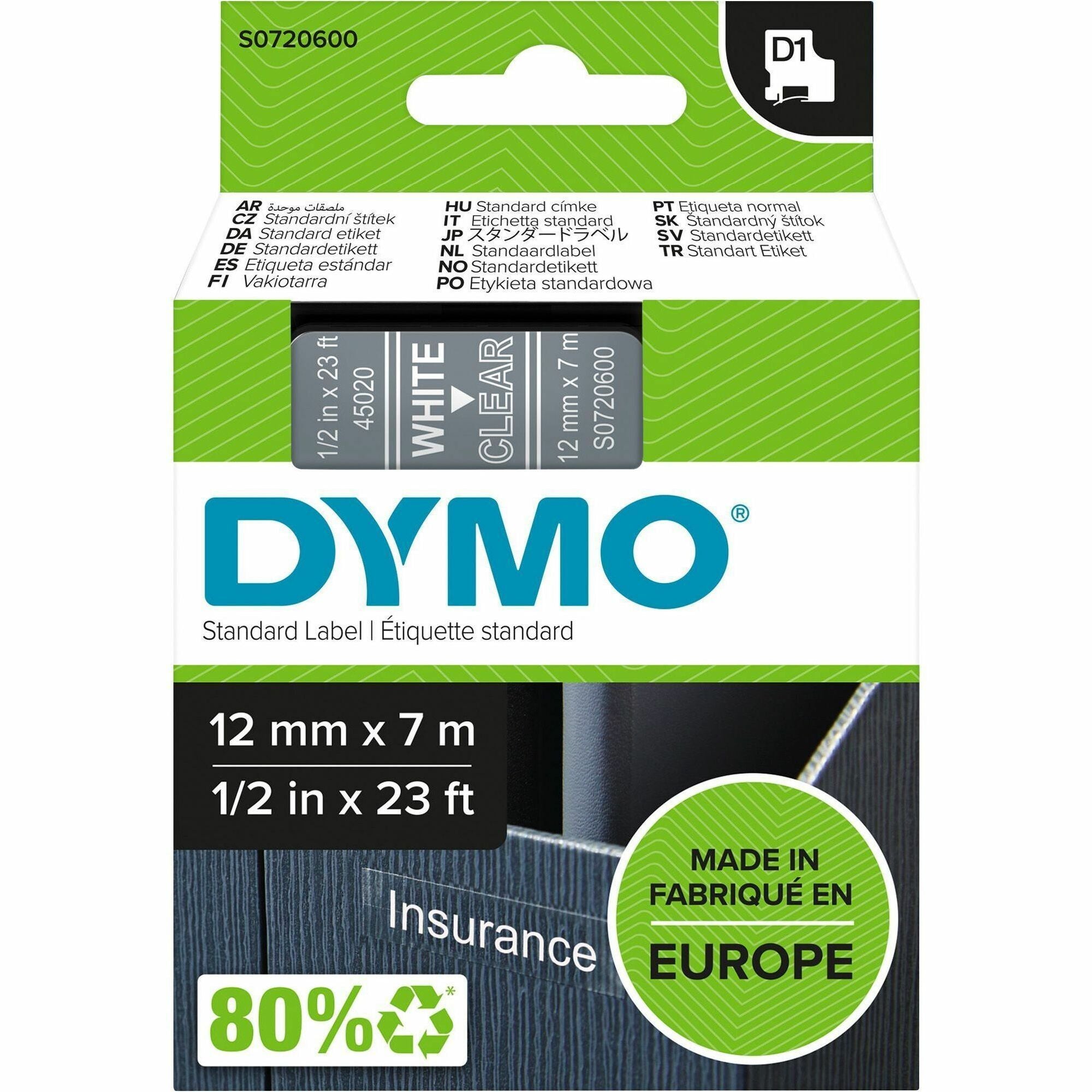 Dymo D1 Self Adhesive Tape Cassette - 15/32" Width - Rectangle - Thermal Transfer - Glossy - Transparent, White - 1 Each
