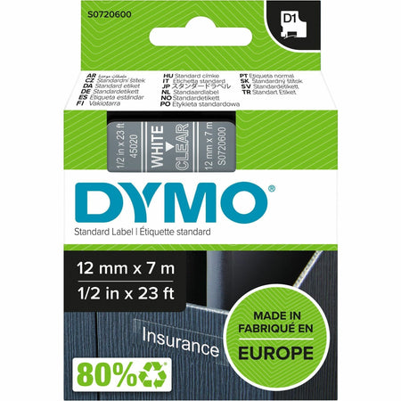 Dymo D1 Self Adhesive Tape Cassette - 15/32" Width - Rectangle - Thermal Transfer - Glossy - Transparent, White - 1 Each
