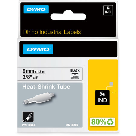 Dymo Rhino Heat Shrink Tube Labels - 23/64" Width x 59 1/16" Length - Rectangle - Thermal Transfer - Black on White - Polyolefin - Heat-shrinkable - 1 Each