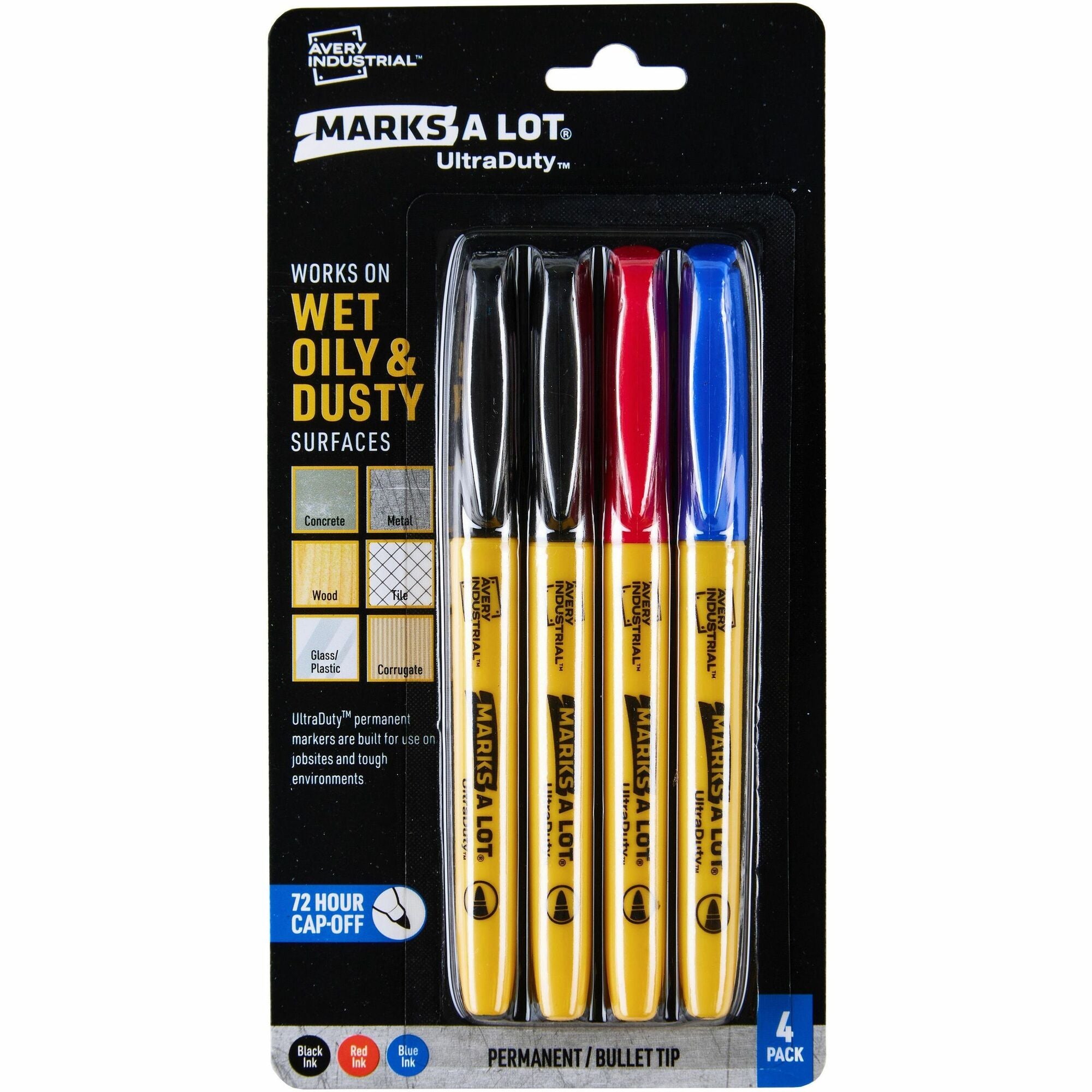 Avery®Marks A Lot UltraDuty Markers, Bullet Tip, 4 Assorted Markers (29848) - 1 mm Bold Bullet Marker Point - Black, Red, Blue Ink - Polyester Tip - 4 / Pack