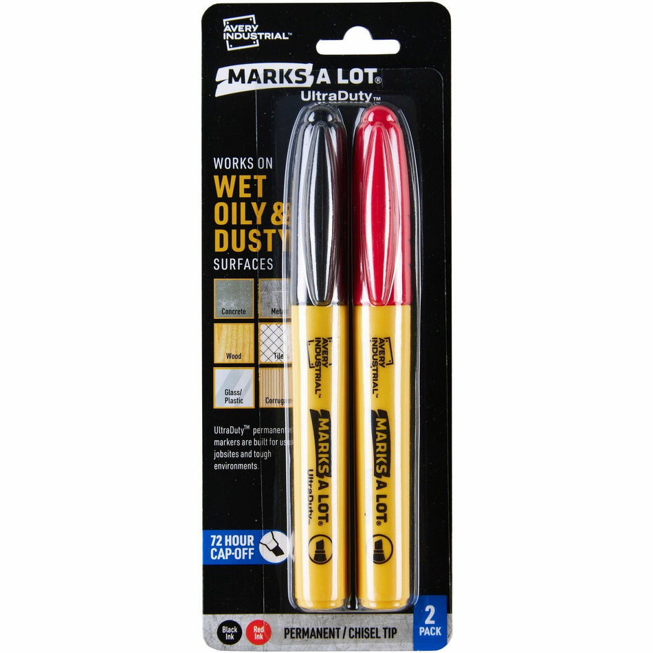 Avery®Marks A Lot UltraDuty Markers, Chisel Tip, 2 Assorted Markers (29863) - 5 mm Bold Chisel, Narrow Narrow Marker Point - Black, Red Ink - Polyester Tip - 2 / Pack