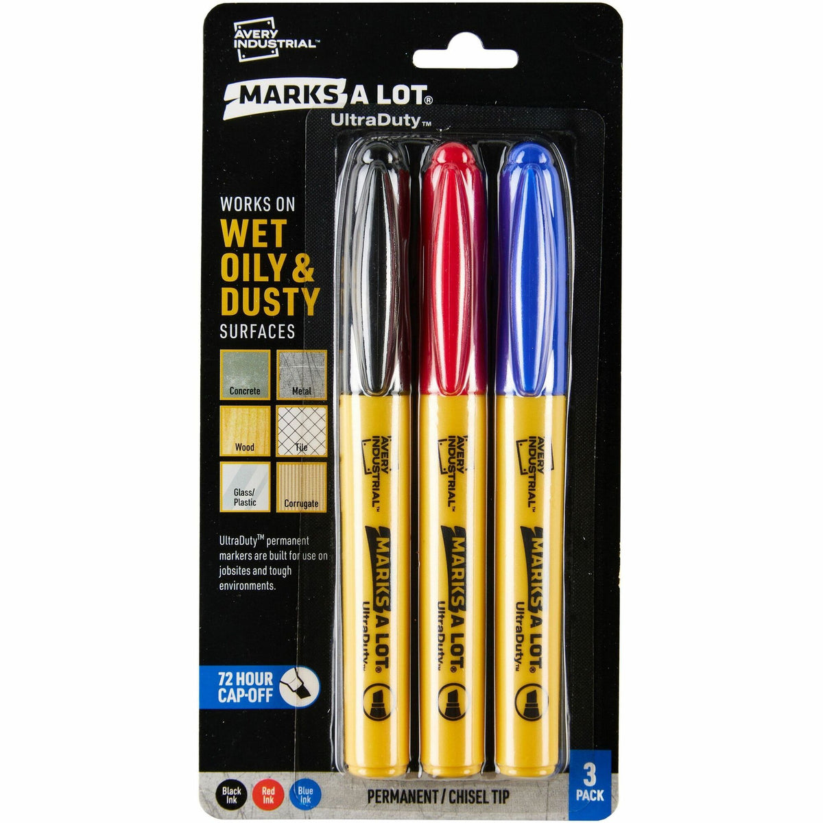 Avery®Marks A Lot UltraDuty Markers, Chisel Tip, 3 Assorted Markers (29864) - 5 mm Bold Chisel, Narrow Narrow Bullet Marker Point - Black, Red, Blue Ink - Polyester Tip - 3 / Pack