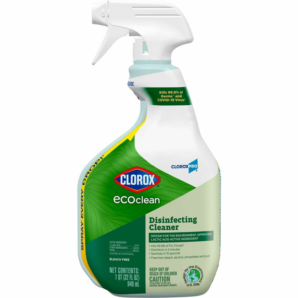 CloroxPro&trade; EcoClean Disinfecting Cleaner Spray - Ready-To-Use - 32 fl oz (1 quart) - Fresh Scent - Refillable, Disinfectant, Bleach-free, Alcohol-free, Phosphate-free, Odor Resistant - Green, White - 1 Each