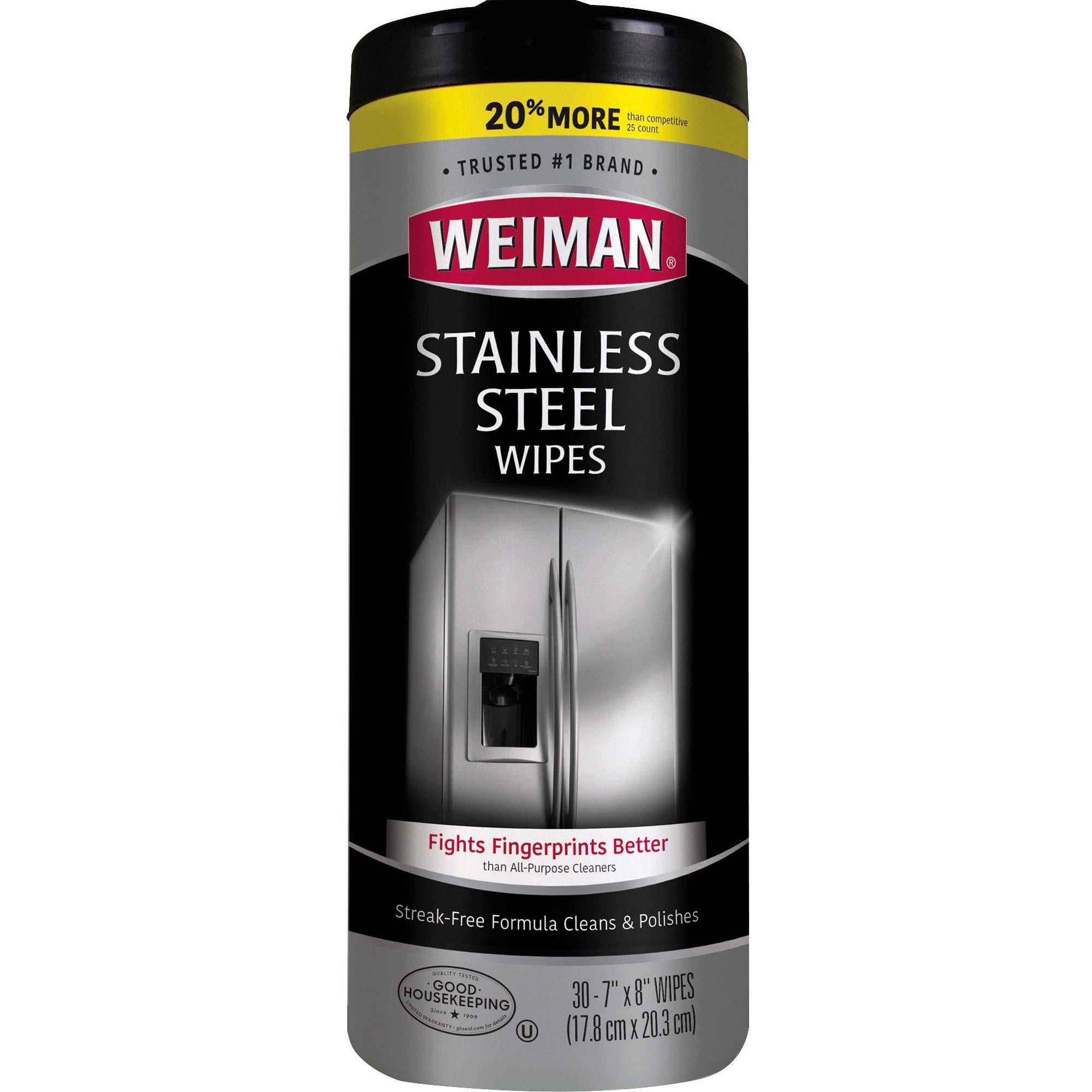 Weiman Stainless Steel Wipes - Streak-free, Fingerprint Resistant, Dust Resistant, Dirt Resistant, Pre-moistened, Grease Resistant, pH Neutral - White - 30/Tub - 1 Each