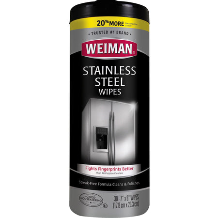 Weiman Stainless Steel Wipes - Streak-free, Fingerprint Resistant, Dust Resistant, Dirt Resistant, Pre-moistened, Grease Resistant, pH Neutral - White - 30/Tub - 1 Each