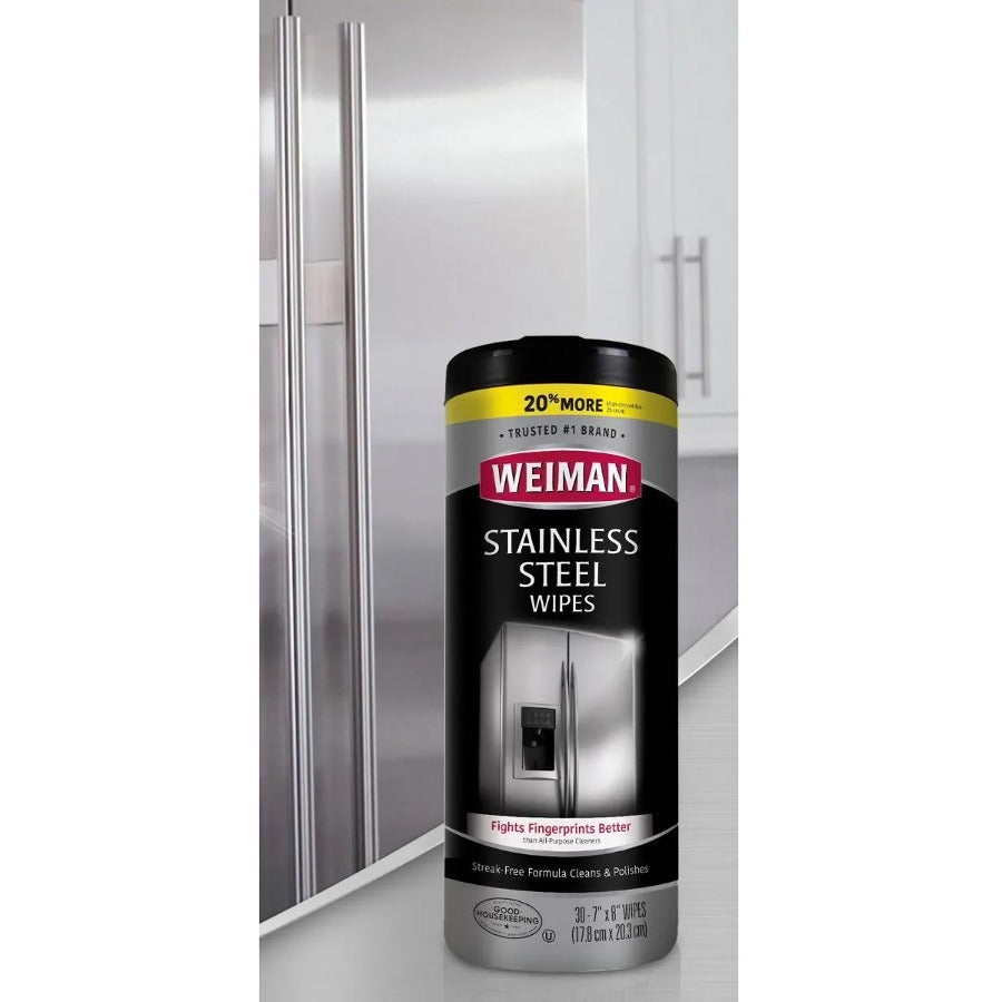 Weiman Stainless Steel Wipes - Streak-free, Fingerprint Resistant, Dust Resistant, Dirt Resistant, Pre-moistened, Grease Resistant, pH Neutral - White - 30/Tub - 1 Each