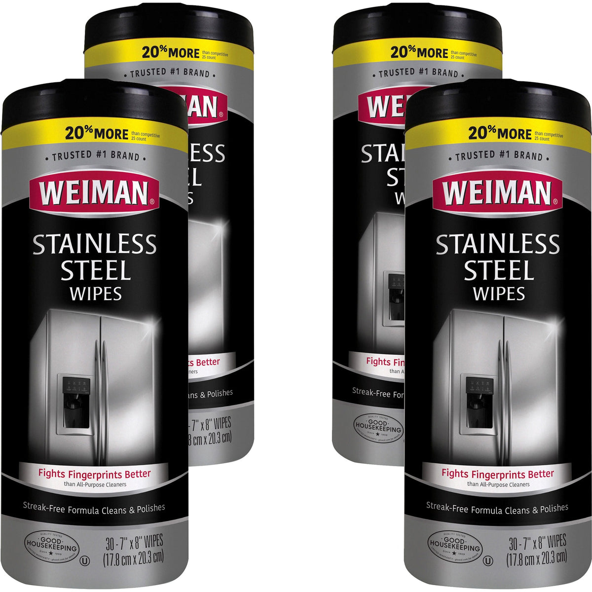 Weiman Stainless Steel Wipes - Streak-free, Fingerprint Resistant, Dust Resistant, Dirt Resistant, Pre-moistened, Grease Resistant, pH Neutral - White - 30/Tub - 4 / Carton
