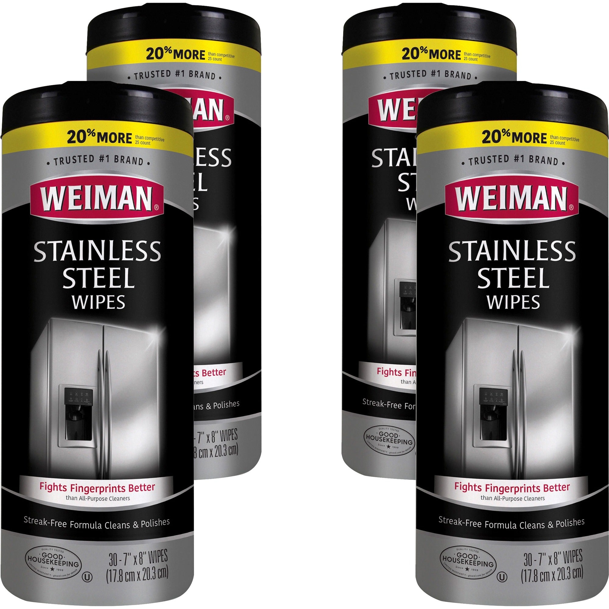 Weiman Stainless Steel Wipes - Streak-free, Fingerprint Resistant, Dust Resistant, Dirt Resistant, Pre-moistened, Grease Resistant, pH Neutral - White - 30/Tub - 4 / Carton