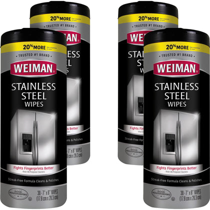 Weiman Stainless Steel Wipes - Streak-free, Fingerprint Resistant, Dust Resistant, Dirt Resistant, Pre-moistened, Grease Resistant, pH Neutral - White - 30/Tub - 4 / Carton