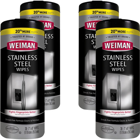 Weiman Stainless Steel Wipes - Streak-free, Fingerprint Resistant, Dust Resistant, Dirt Resistant, Pre-moistened, Grease Resistant, pH Neutral - White - 30/Tub - 4 / Carton