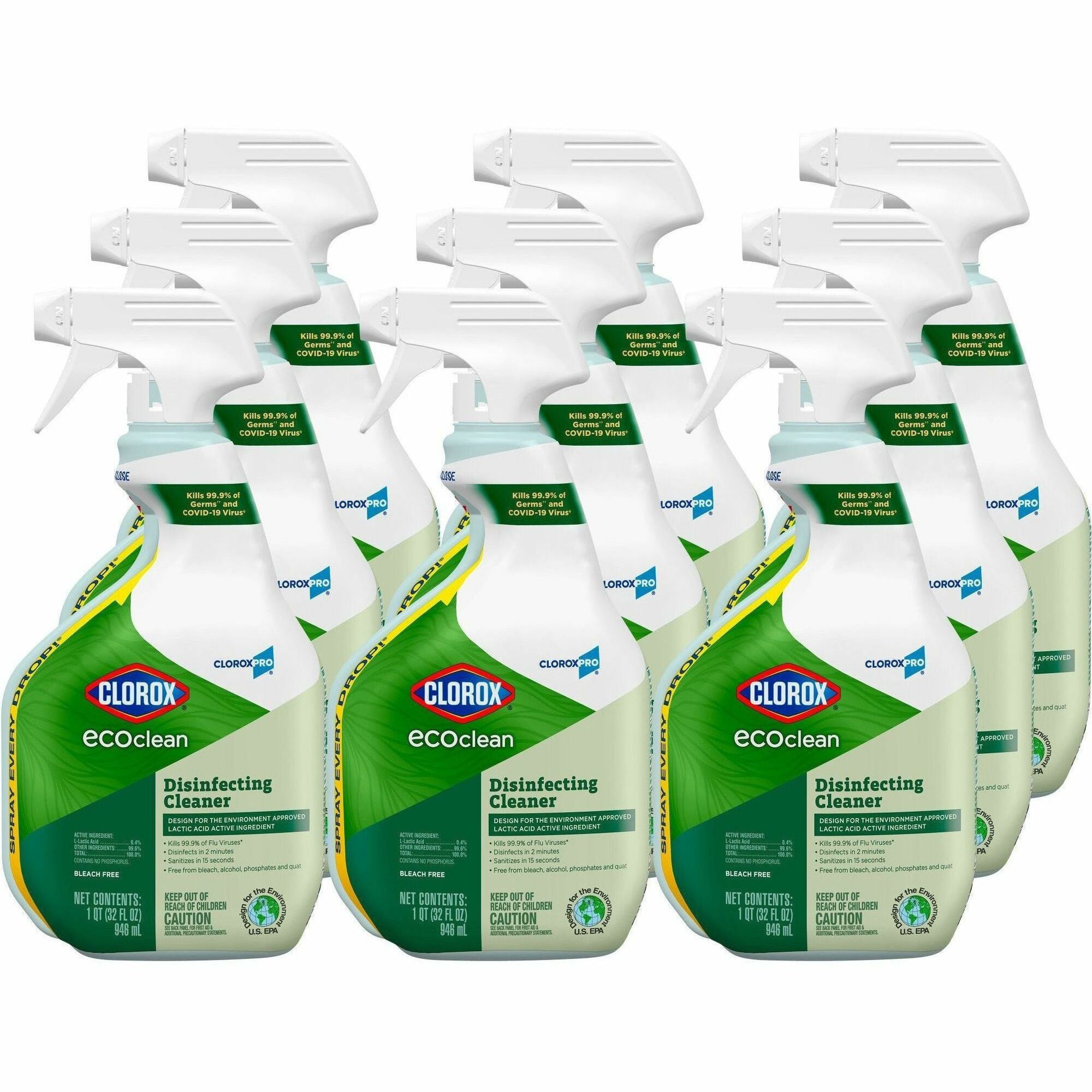 CloroxPro&trade; EcoClean Disinfecting Cleaner Spray - Ready-To-Use - 32 fl oz (1 quart) - Fresh Scent - Disinfectant, Bleach-free, Alcohol-free, Phosphate-free, Odor Resistant - Green, White - 9 / Carton