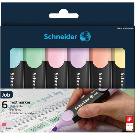 Schneider Job Pastel Highlighters - 1 mm Chisel, 5 mm Marker Point - Pastel Turquoise, Pastel Vanilla, Pastel Peach, Pastel Rose, Pastel Lavender, Pastel Mint Green Ink - Polypropylene Barrel - 6 / Set