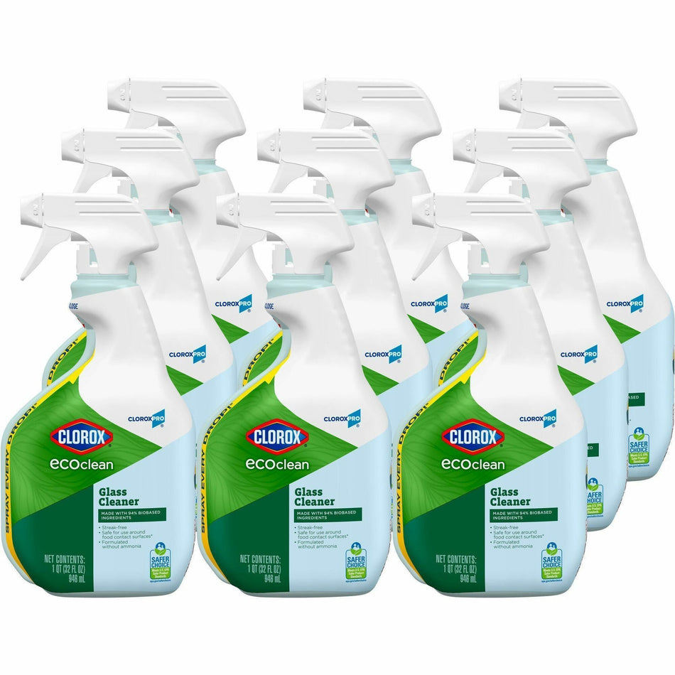 CloroxPro&trade; EcoClean Glass Cleaner Spray - 32 fl oz (1 quart) - Streak-free, Paraben-free, Ammonia-free, Dye-free, Phthalate-free, Solvent-free, Fume-free, Chemical-free - Green, Blue - 9 / Carton