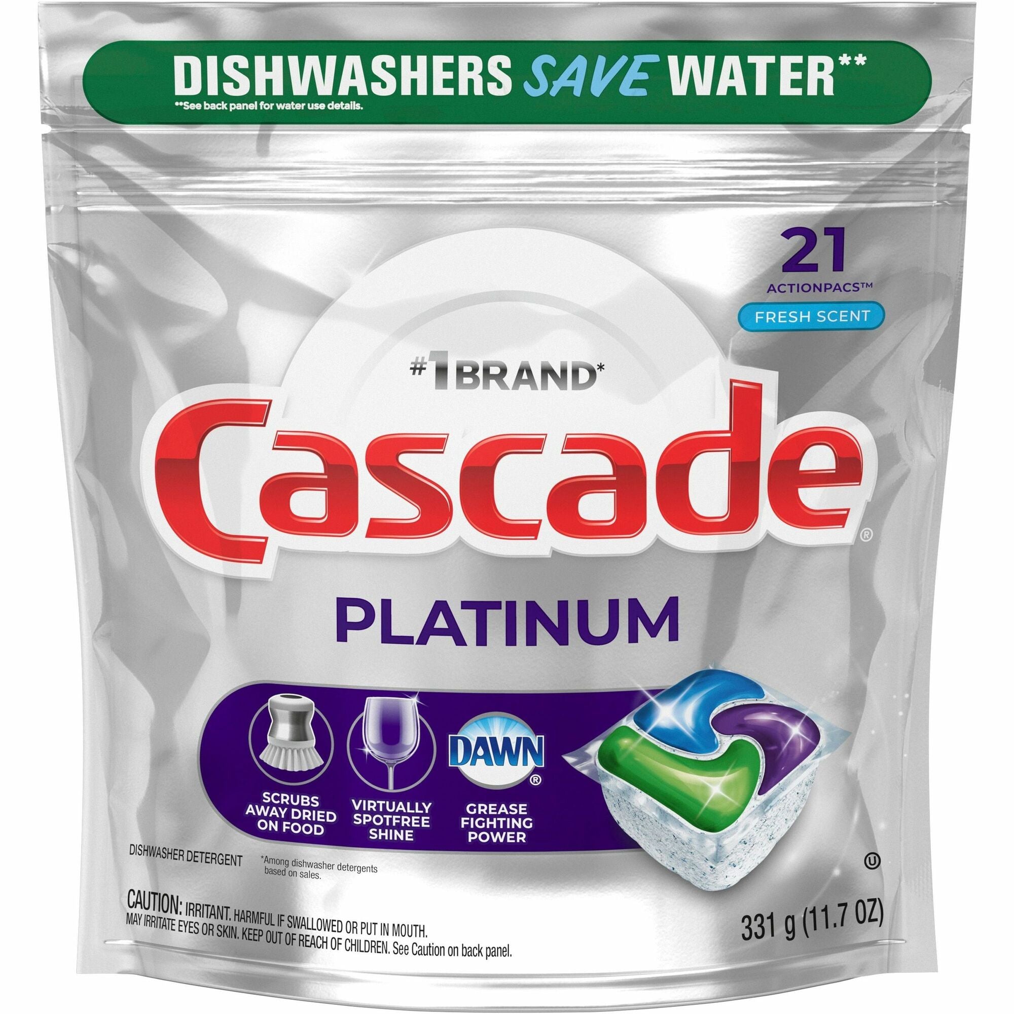 Cascade Platinum ActionPacs - For Dish - Liquid - Fresh Scent - Silver - 21 / Pack