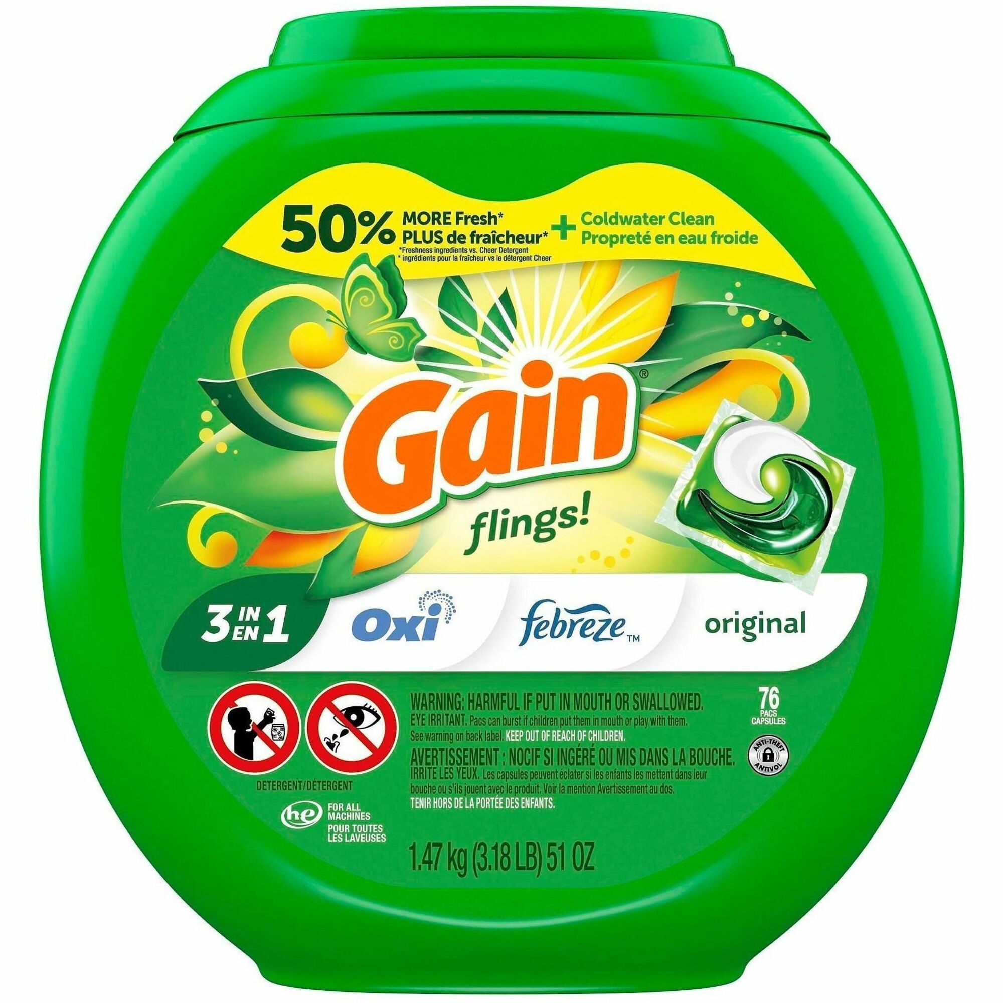 Gain Flings Detergent Pacs - Liquid - Gain, Original Scent - Green - 76 / Pack