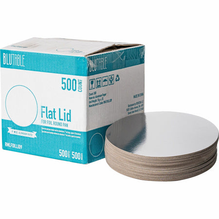 BluTable 9" Round Foil Pan Flat Board Lids - Round - White, Silver - 500 / Carton