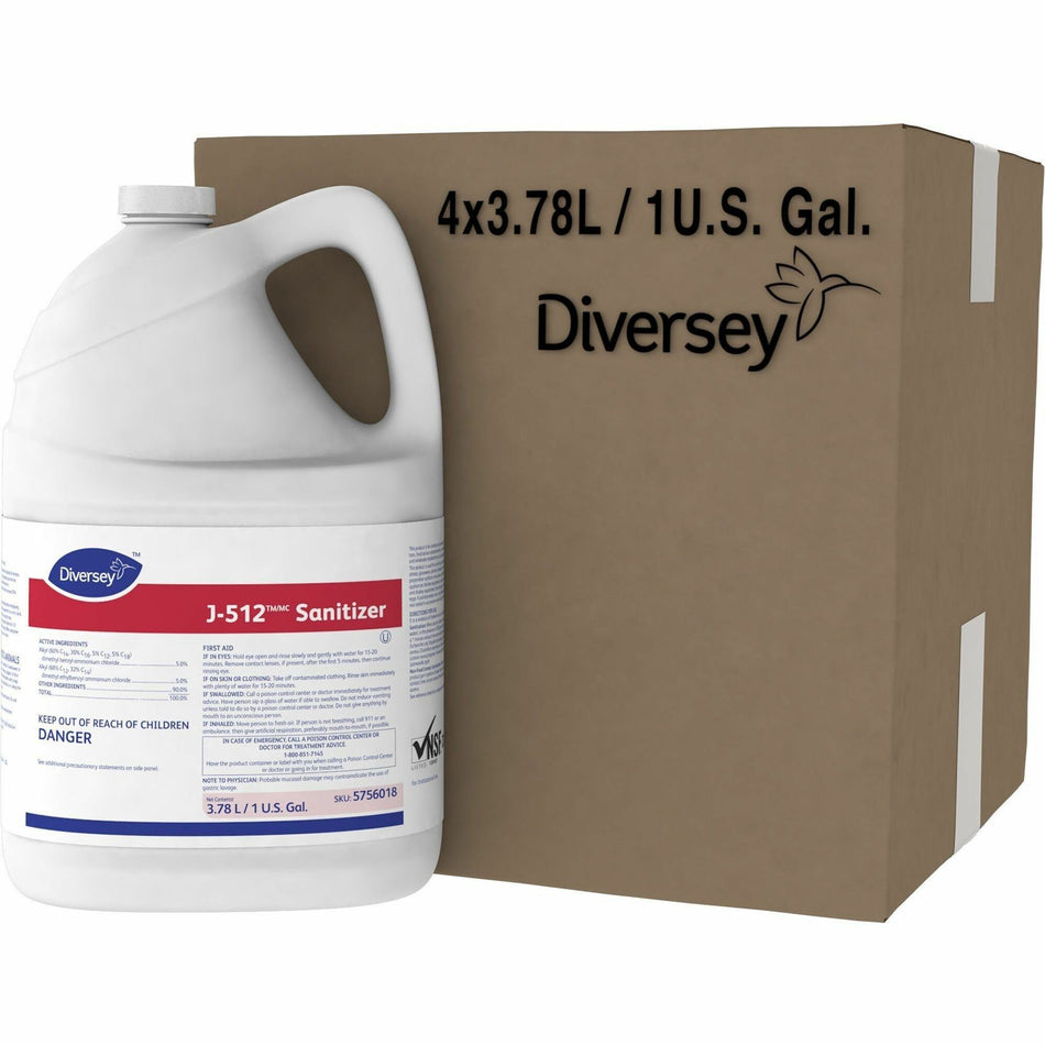 Diversey J-512 Sanitizer - Concentrate - 128 fl oz (4 quart) - 7.9 pH - Quaternary Scent - Rinse-free, Kosher - Red - 4 / Carton