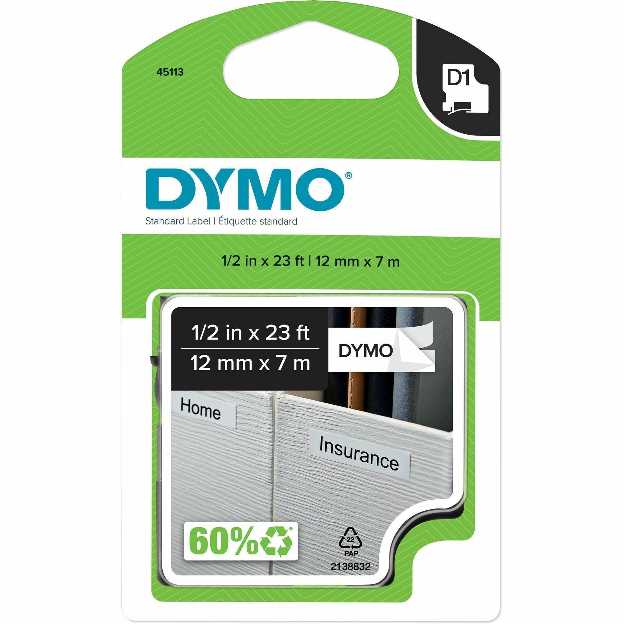 Dymo D1 Electronic Tape Cartridge - x 1/2" Width x 23 ft Length - Tape - Removable Adhesive - White/Black - Removable, Easy Peel, Durable - 1 Each