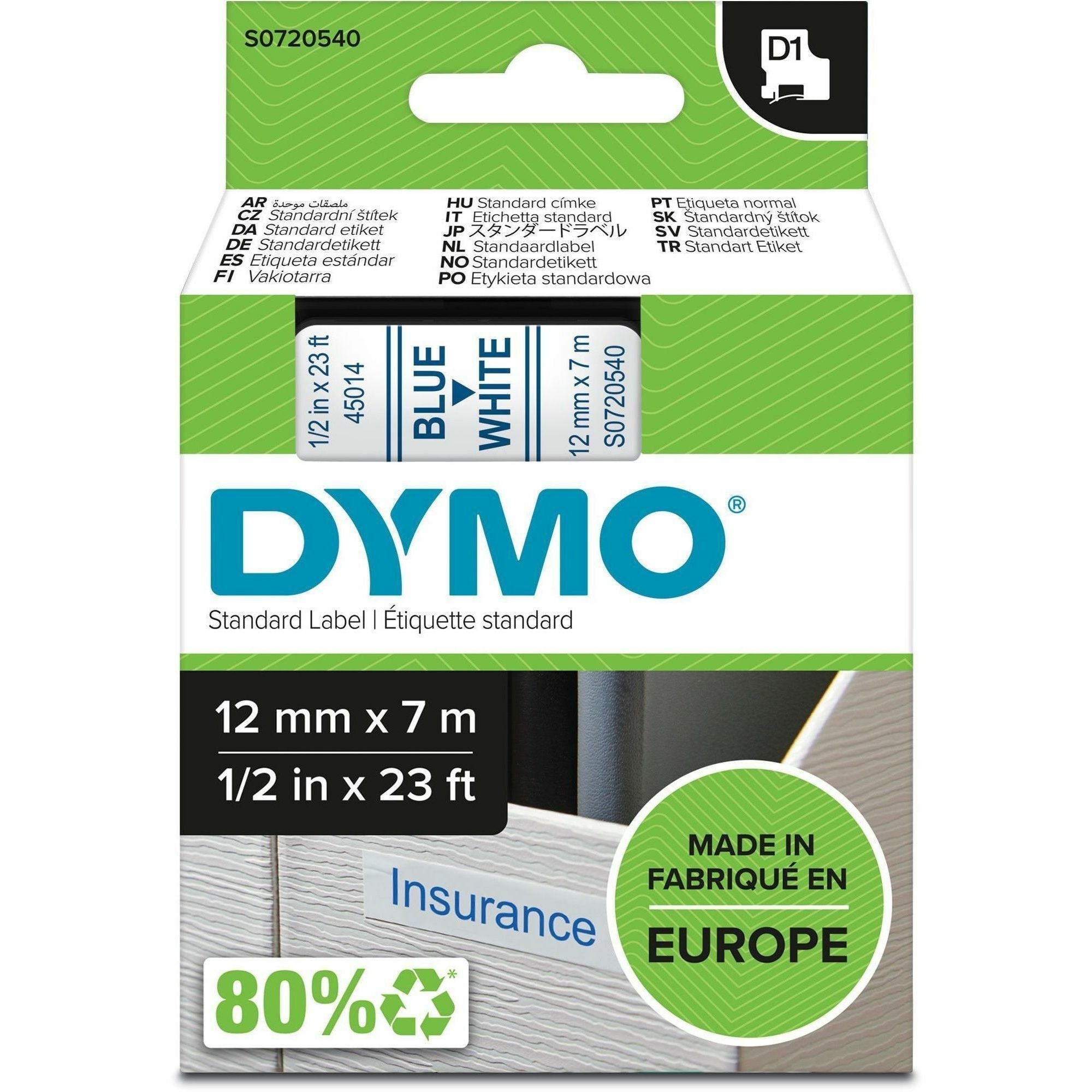 Dymo D1 Electronic Tape Cartridge - 1/2" Width x 23 ft Length - Blue, White - Easy Peel, Durable - 1 Each