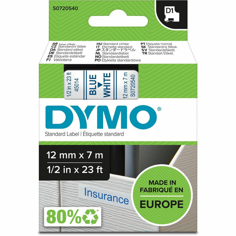 Dymo D1 Electronic Tape Cartridge - 1/2" Width x 23 ft Length - Blue, White - Easy Peel, Durable - 1 Each