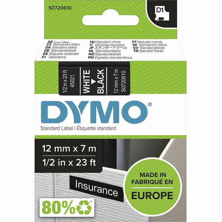 Dymo S0720610 D1 45021 Tape 12mm x 7m White on Black - x 15/32" Width x 22 31/32 ft Length - Tape - White on Black - Easy Peel, Durable - 1 Each