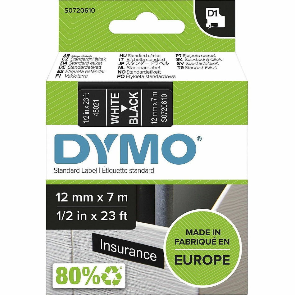 Dymo S0720610 D1 45021 Tape 12mm x 7m White on Black - x 15/32" Width x 22 31/32 ft Length - Tape - White on Black - Easy Peel, Durable - 1 Each