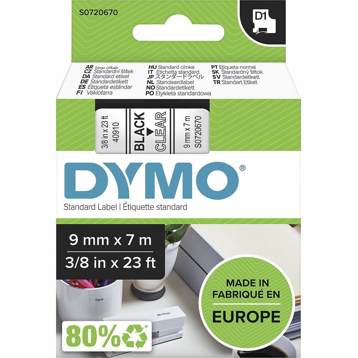 Dymo S0720670 D1 40910 Tape 9mm x 7m Black on Clear - x 23/64" Width x 22 31/32 ft Length - Tape - Black on Clear - Easy Peel, Durable - 1 Each