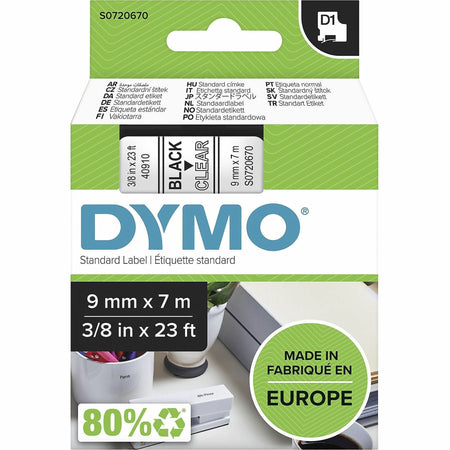 Dymo S0720670 D1 40910 Tape 9mm x 7m Black on Clear - x 23/64" Width x 22 31/32 ft Length - Tape - Black on Clear - Easy Peel, Durable - 1 Each