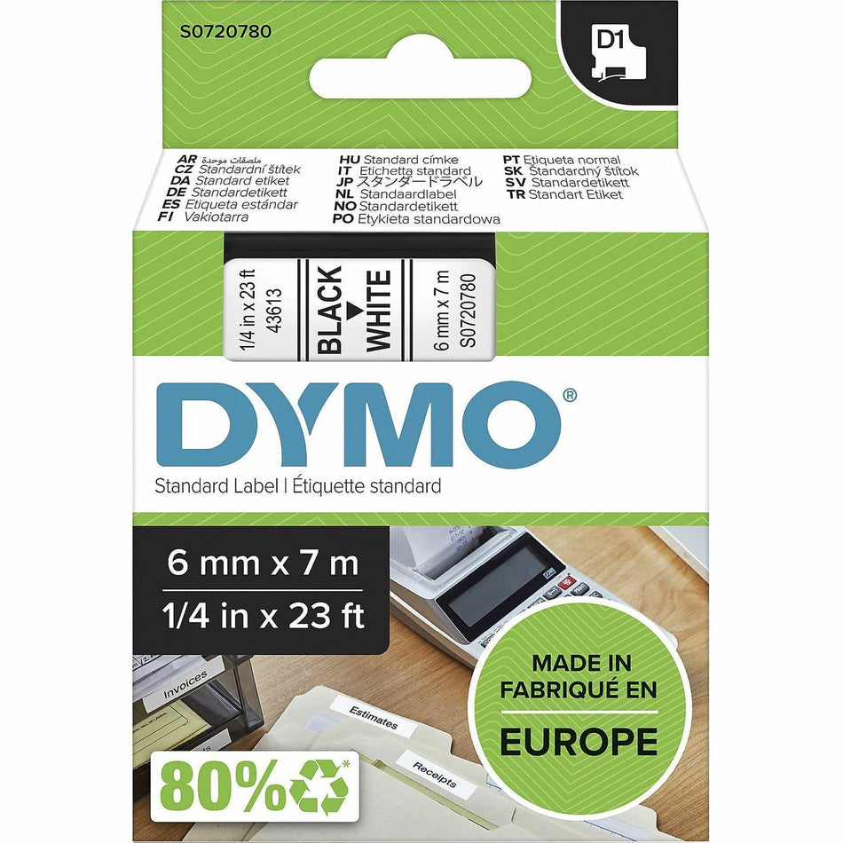 Dymo S0720780 D1 43613 Tape 6mm x 7m Black on White - x 15/64" Width x 22 31/32 ft Length - Tape - Black on White - Easy Peel, Durable - 1 Each