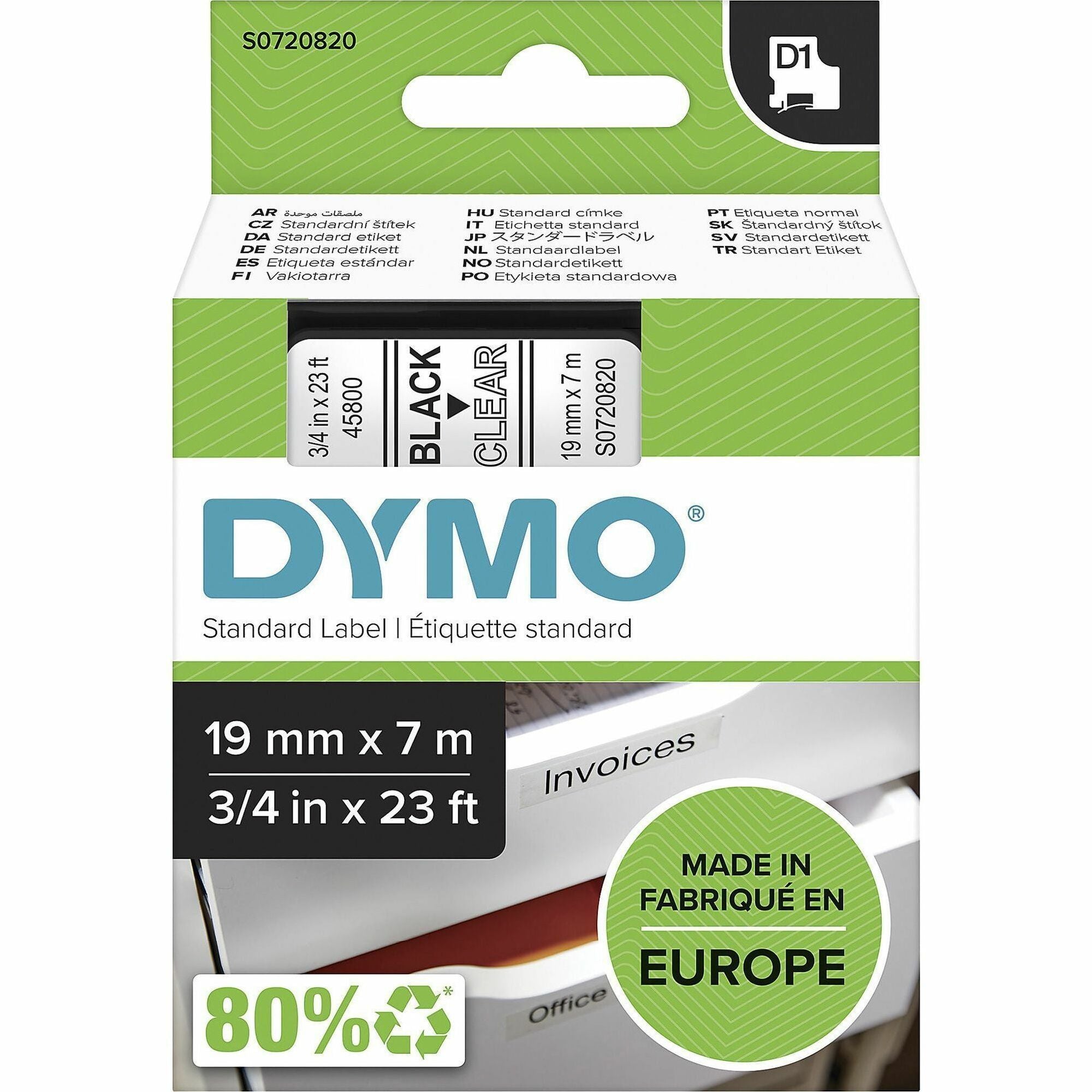 Dymo S0720820 D1 45800 Tape 19mm x 7m Black on Clear - x 3/4" Width x 22 31/32 ft Length - Tape - Black on Clear - Easy Peel, Durable - 1 Each