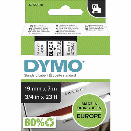 Dymo S0720820 D1 45800 Tape 19mm x 7m Black on Clear - x 3/4" Width x 22 31/32 ft Length - Tape - Black on Clear - Easy Peel, Durable - 1 Each